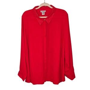 REBECCA‎ MALONE WOMAN Red 1X Button Down Top Blouse Gold Stud Collar Long Sleeve